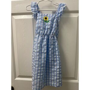Heart and Arrow Girls Blue Gingham Sunflower Seersucker Dress Size 6 LD1402BL
